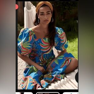 Farm Rio Blue Banana tropical dress tiered puff sleeves M cotton